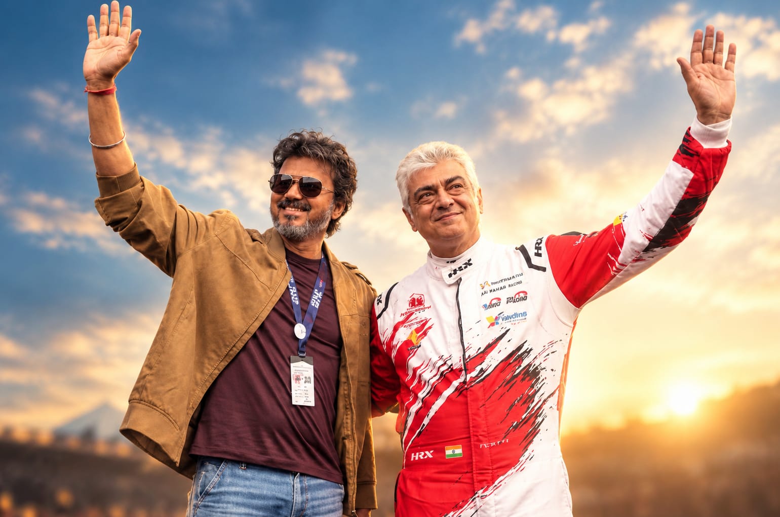 Vijay and Ajith Kumar waving together at Silverstone Circuit after their viral reunion